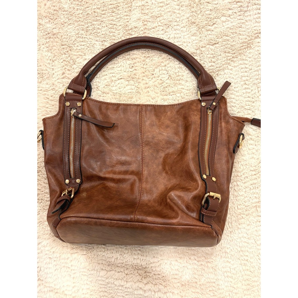 Distressed Cognac Brown Vegan Leather Slouchy Hobo Shoulder Bag Gold Zips‎